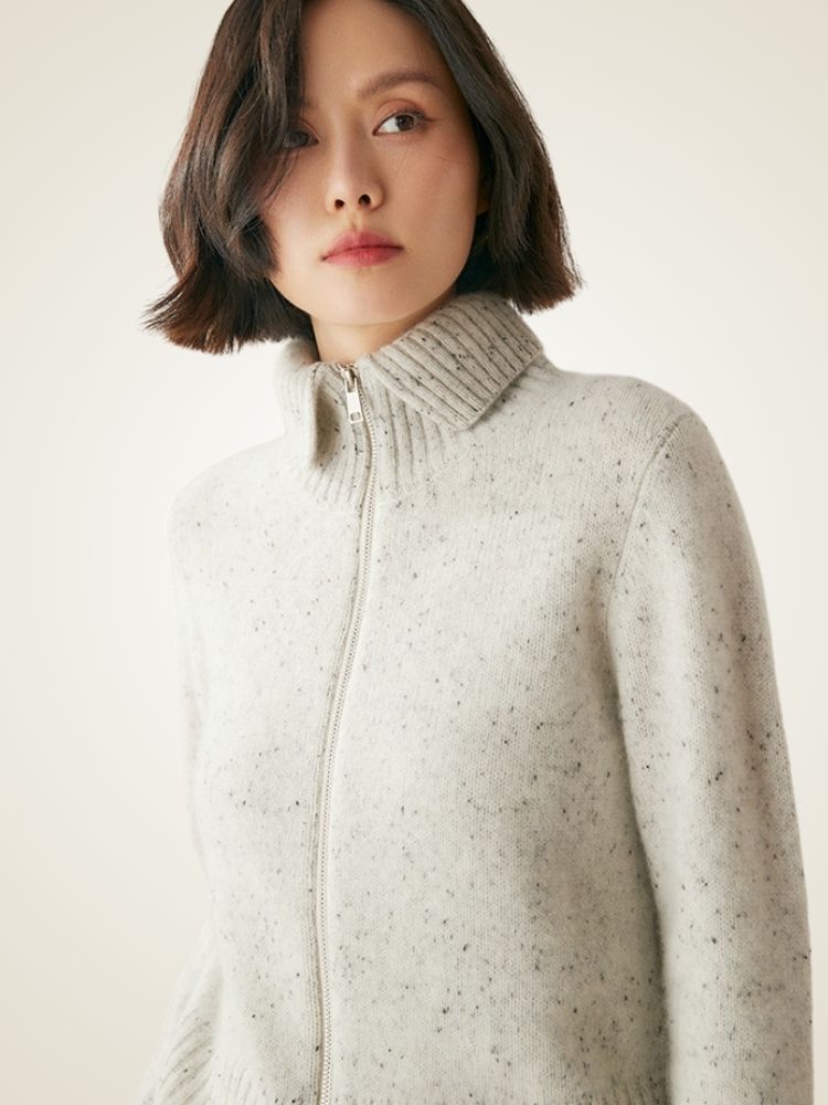 LanlyCashmere Wool Cashmere Zip Sweater – Thick Stand Collar Knit Cardigan