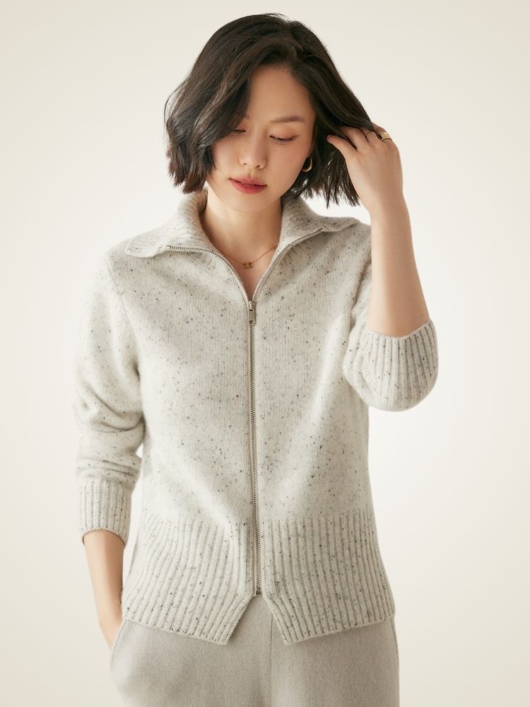 LanlyCashmere Wool Cashmere Zip Sweater – Thick Stand Collar Knit Cardigan