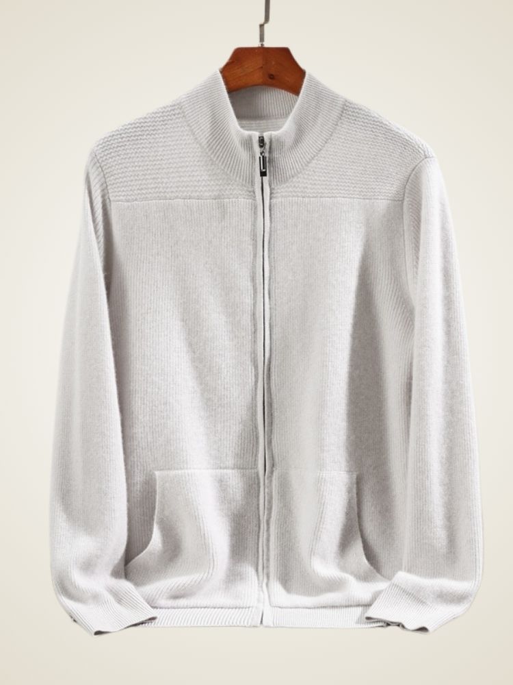 Lanly Cashmere Men's Pure Cashmere Full-Zip Cardigan - Luxury Ribbed Knit Sweater