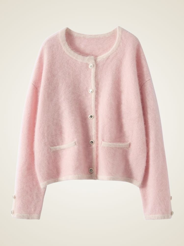 LanlyCashmere Contrast Trim Cashmere Cardigan – Soft Cropped Knit Jacket