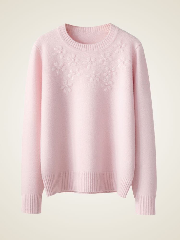 LanlyCashmere Women’s Hand Embroidered Floral Cashmere Sweater – Crew Neck Knit Pullover