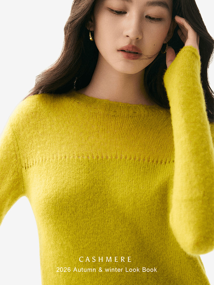 LANLY Lightweight Cashmere Crewneck Sweater Wholesale - Mongolian Cashmere Pointelle Yoke Semi Sheer Pullover for Private Label
