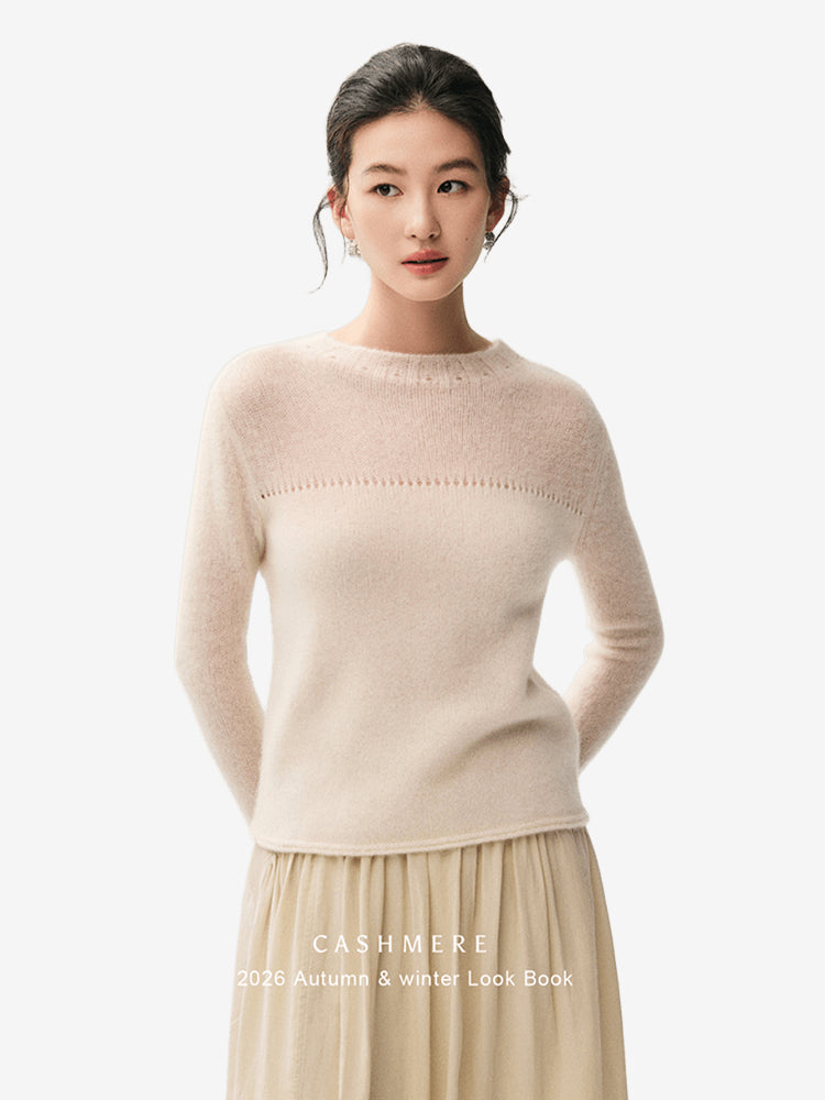 LANLY Lightweight Cashmere Crewneck Sweater Wholesale - Mongolian Cashmere Pointelle Yoke Semi Sheer Pullover for Private Label
