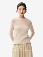 LANLY Lightweight Cashmere Crewneck Sweater Wholesale - Mongolian Cashmere Pointelle Yoke Semi Sheer Pullover for Private Label

