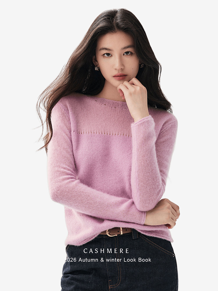 LANLY Lightweight Cashmere Crewneck Sweater Wholesale - Mongolian Cashmere Pointelle Yoke Semi Sheer Pullover for Private Label
