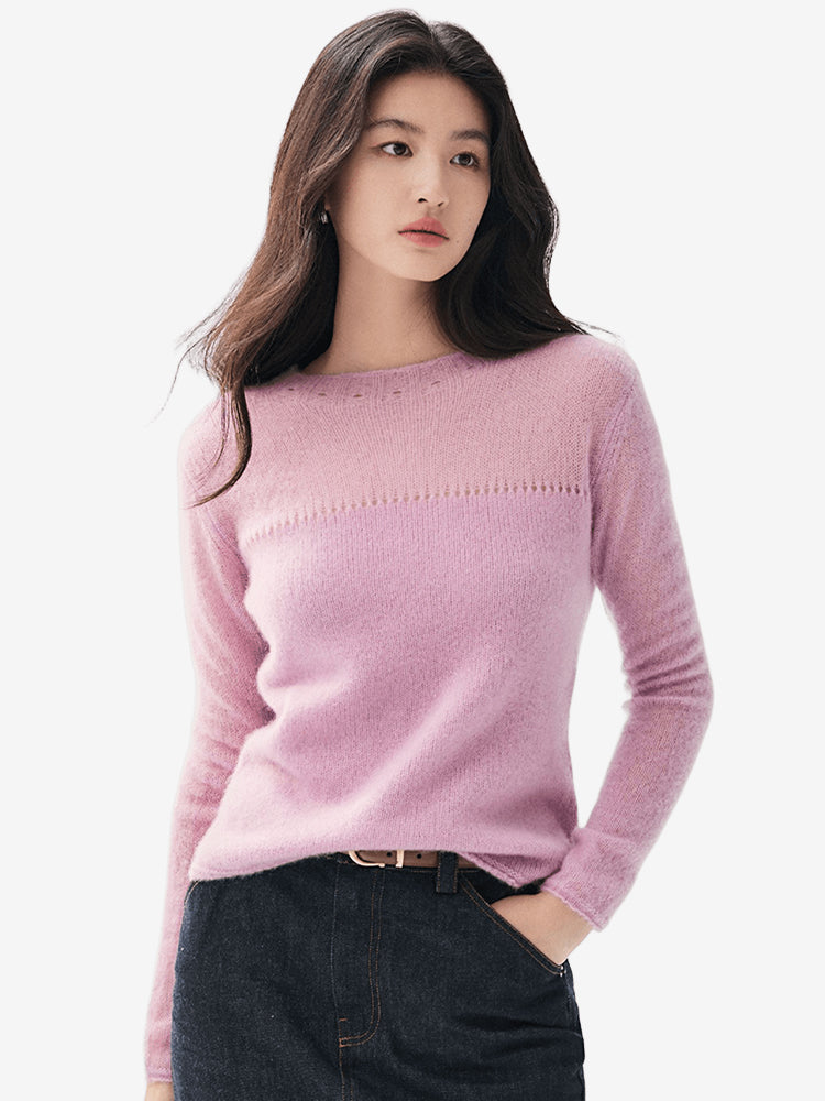 LANLY Lightweight Cashmere Crewneck Sweater Wholesale - Mongolian Cashmere Pointelle Yoke Semi Sheer Pullover for Private Label
