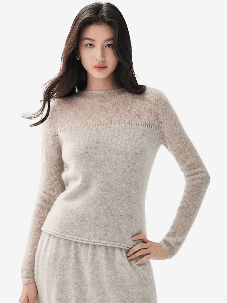 LANLY Lightweight Cashmere Crewneck Sweater Wholesale - Mongolian Cashmere Pointelle Yoke Semi Sheer Pullover for Private Label
