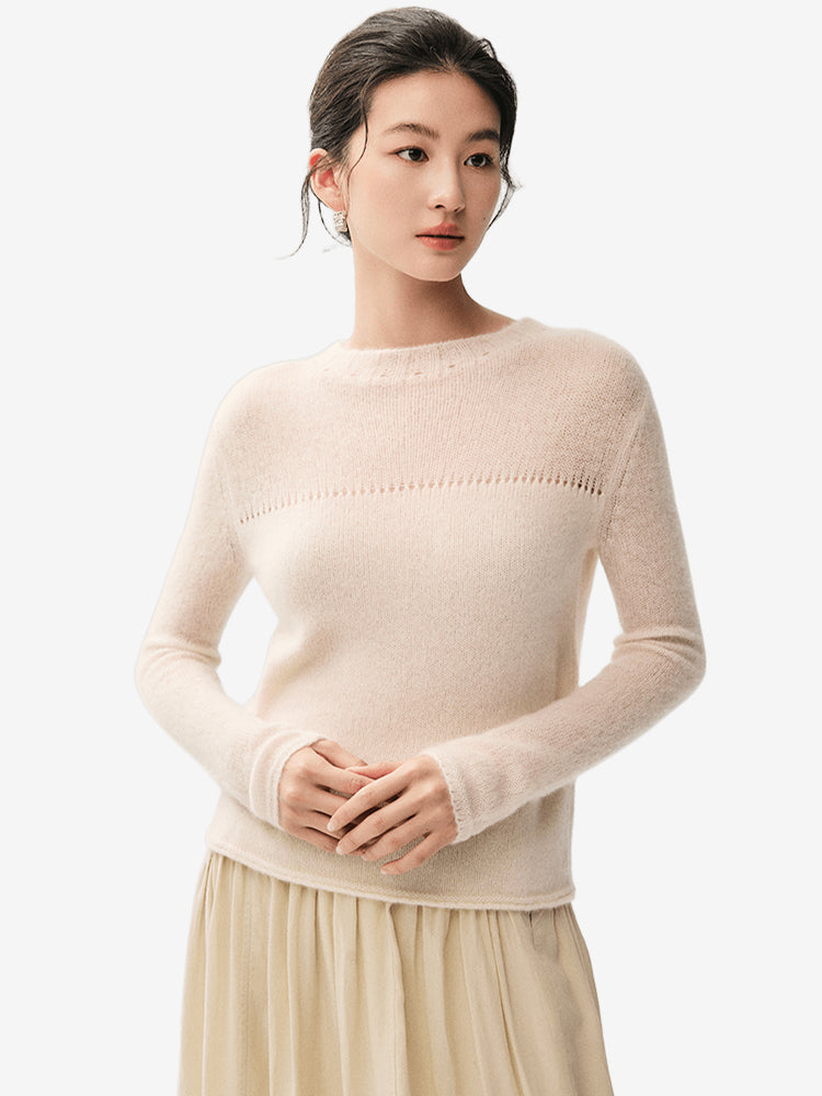 LANLY Lightweight Cashmere Crewneck Sweater Wholesale - Mongolian Cashmere Pointelle Yoke Semi Sheer Pullover for Private Label
