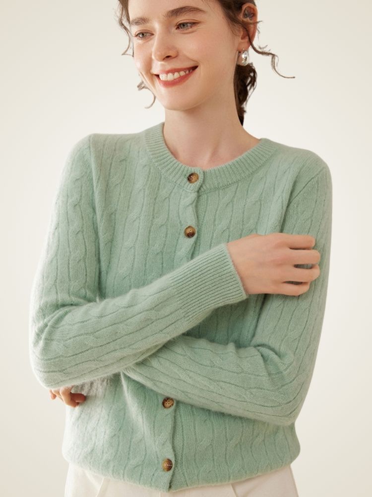 LanlyCashmere Cable Knit Cashmere Cardigan – Soft Crewneck Button Sweater
