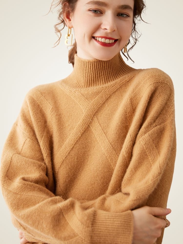 Lanlycashmere Geometric Cashmere Sweater Dress – Longline Turtleneck Knit