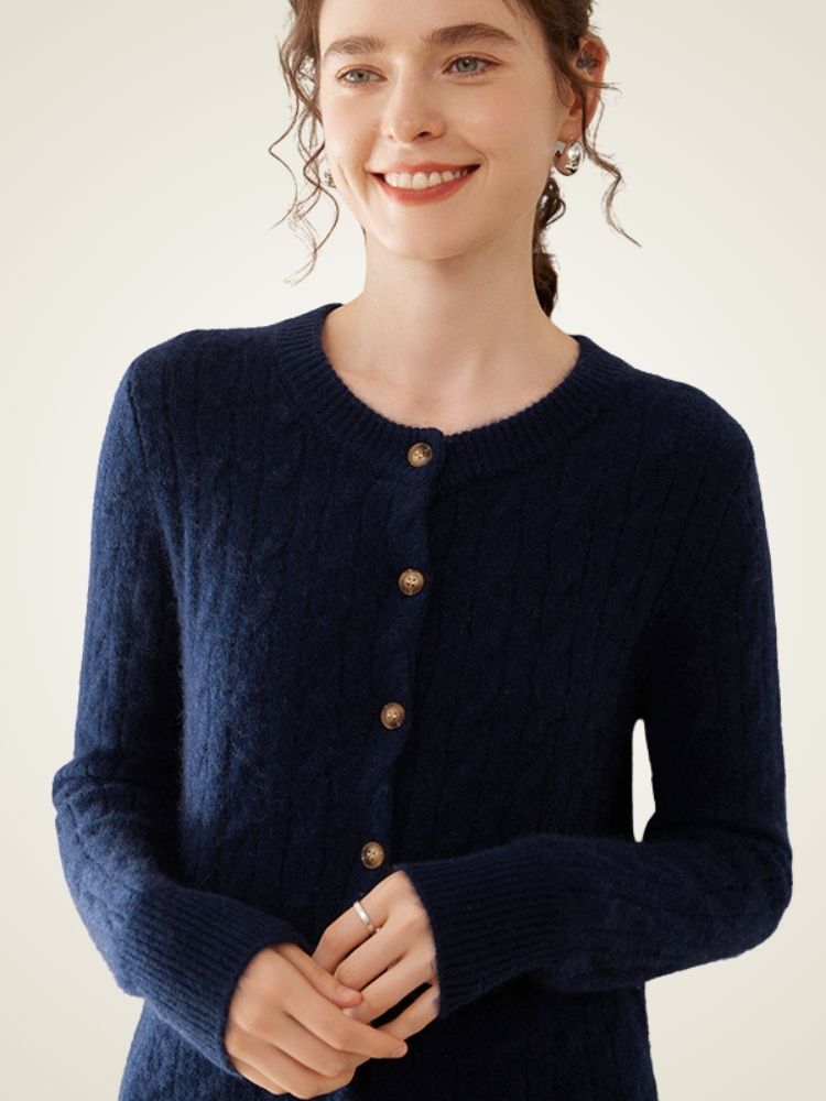 LanlyCashmere Cable Knit Cashmere Cardigan – Soft Crewneck Button Sweater