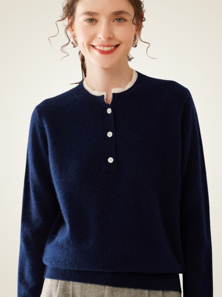 LanlyCashmere Contrast Trim Cashmere Henley Sweater – Soft Minimalist Knit