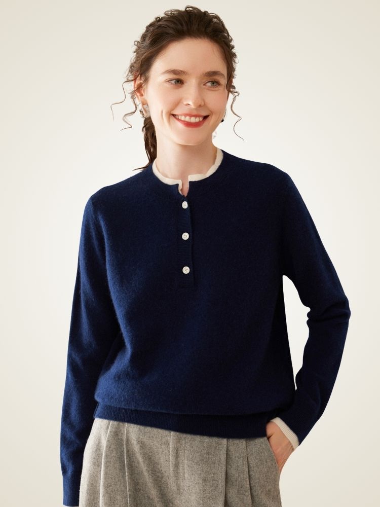 LanlyCashmere Contrast Trim Cashmere Henley Sweater – Soft Minimalist Knit