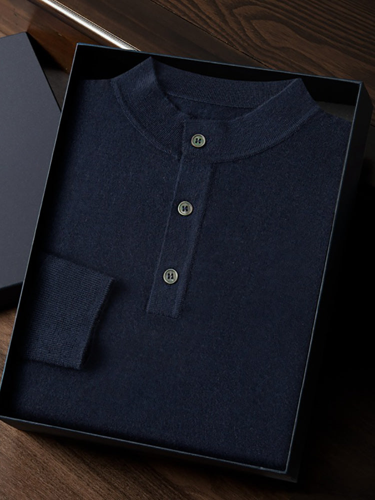 LanlyCashmere Men’s Cashmere Henley Sweater – Fine Knit Button Neck Pullover