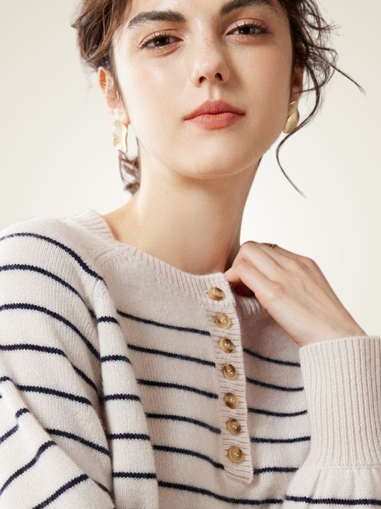 LanlyCashmere Striped Button Cashmere Sweater – Relaxed Knit Pullover