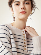 LanlyCashmere Striped Button Cashmere Sweater – Relaxed Knit Pullover