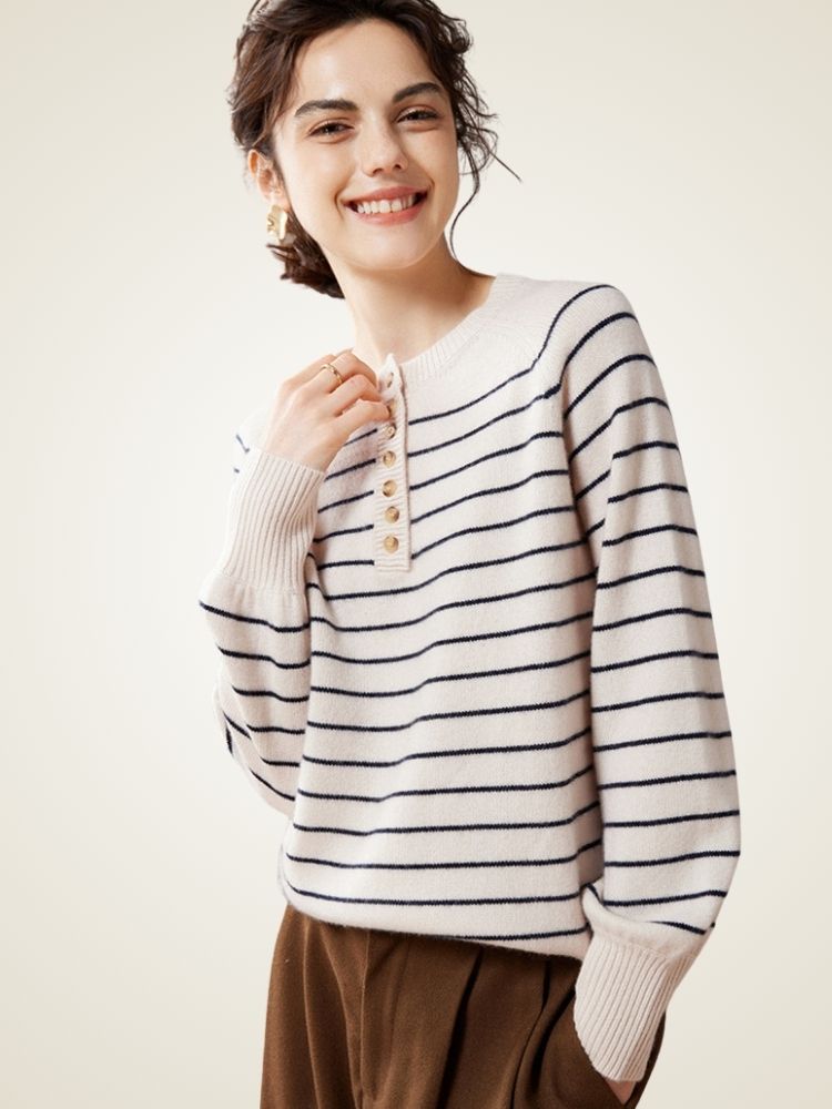 LanlyCashmere Striped Button Cashmere Sweater – Relaxed Knit Pullover