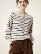 LanlyCashmere Striped Button Cashmere Sweater – Relaxed Knit Pullover