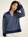 LanlyCashmere Striped Polo Wool Cashmere Sweater – Relaxed Knit Pullover