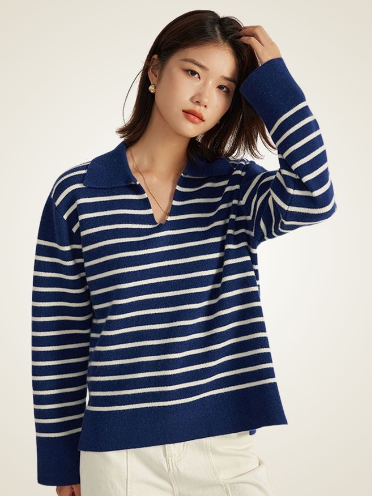 LanlyCashmere Striped Polo Wool Cashmere Sweater – Relaxed Knit Pullover