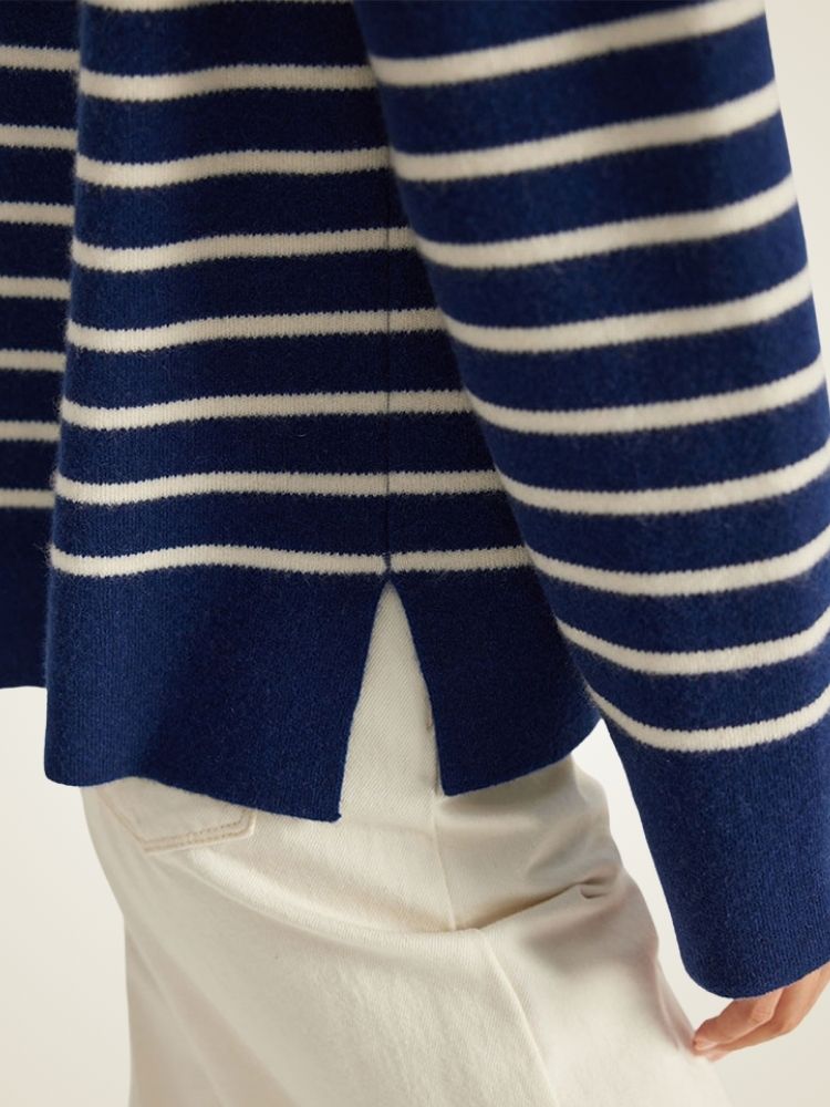 LanlyCashmere Striped Polo Wool Cashmere Sweater – Relaxed Knit Pullover