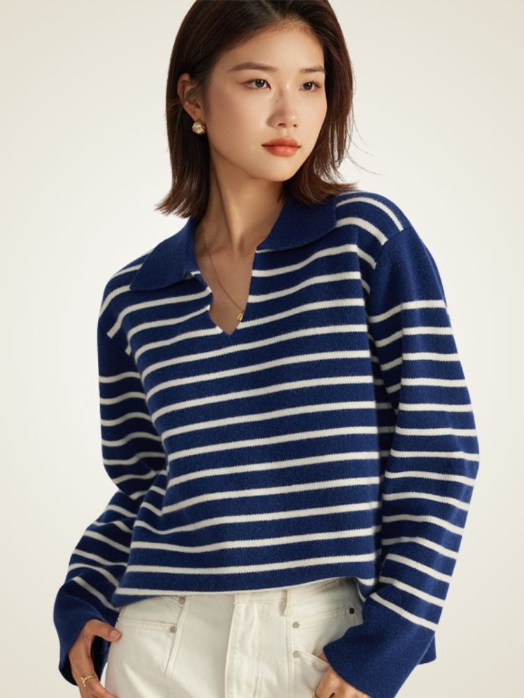 LanlyCashmere Striped Polo Wool Cashmere Sweater – Relaxed Knit Pullover