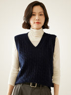 LanlyCashmere Women's Cable Knit Cashmere Vest V Neck