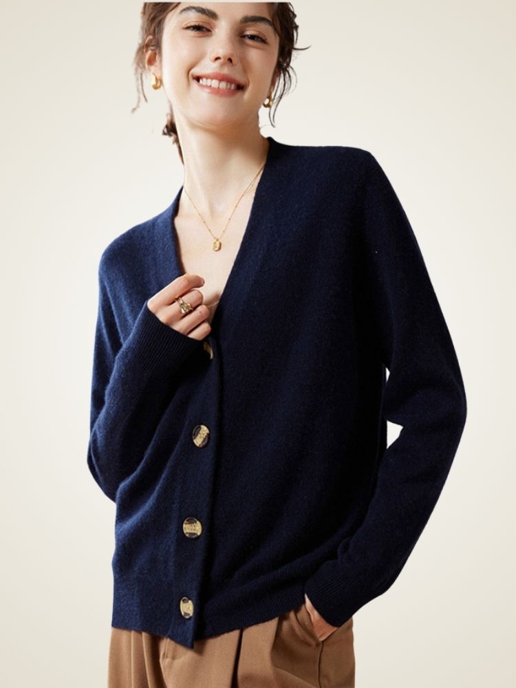 LanlyCashmere Women’s Cashmere V Neck Cardigan – Relaxed Fit Button Knit Sweater