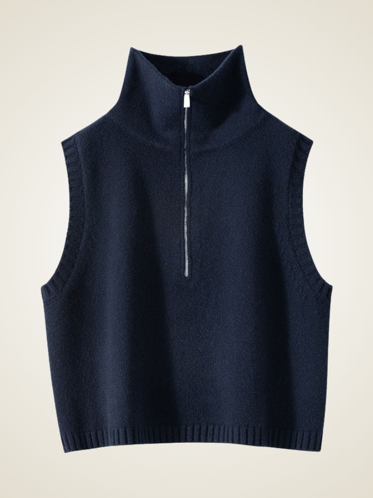 Lanlycashmere Zip Neck Cashmere Sweater Vest – Sleeveless Turtleneck Knit