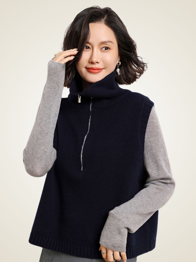 Lanlycashmere Zip Neck Cashmere Sweater Vest – Sleeveless Turtleneck Knit