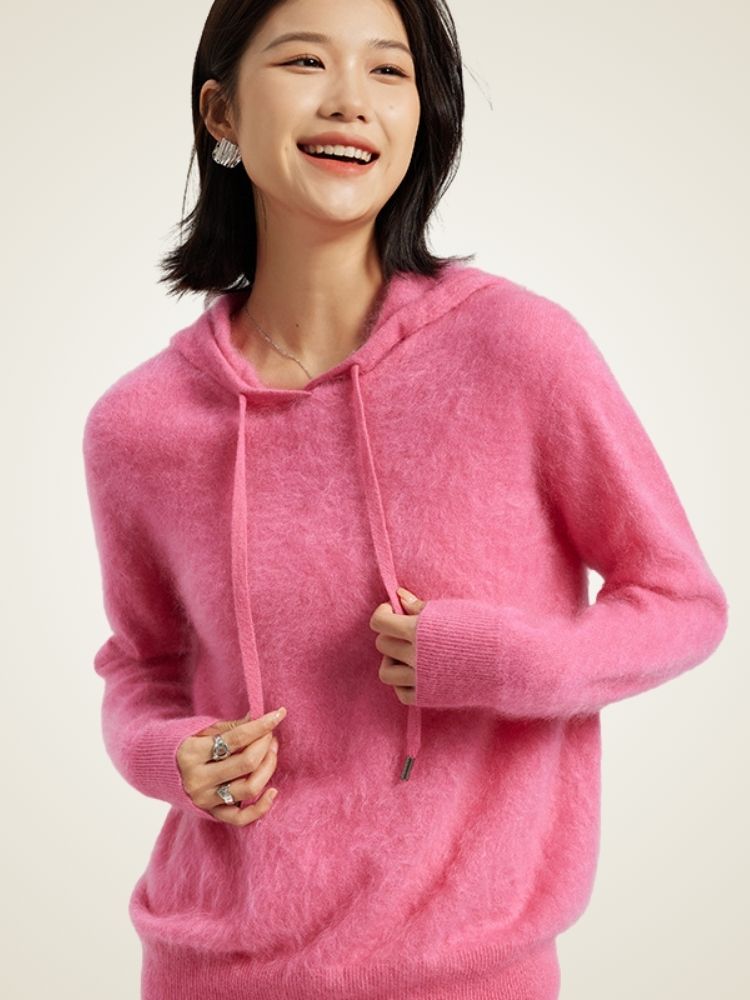 LanlyCashmere Brushed Cashmere Hoodie – Soft Fuzzy Knit Pullover