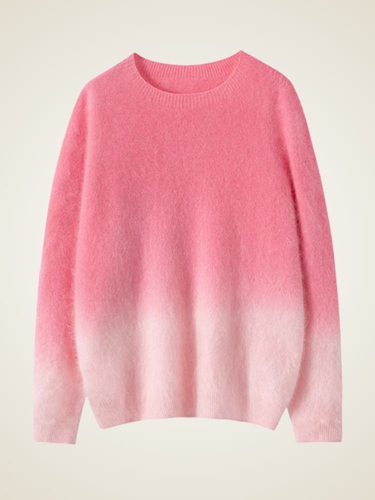 LanlyCashmere Brushed Cashmere Sweater – Ombre Crewneck Fuzzy Knit Pullover