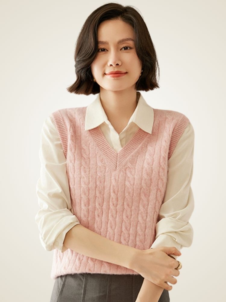 LanlyCashmere Women's Cable Knit Cashmere Vest V Neck