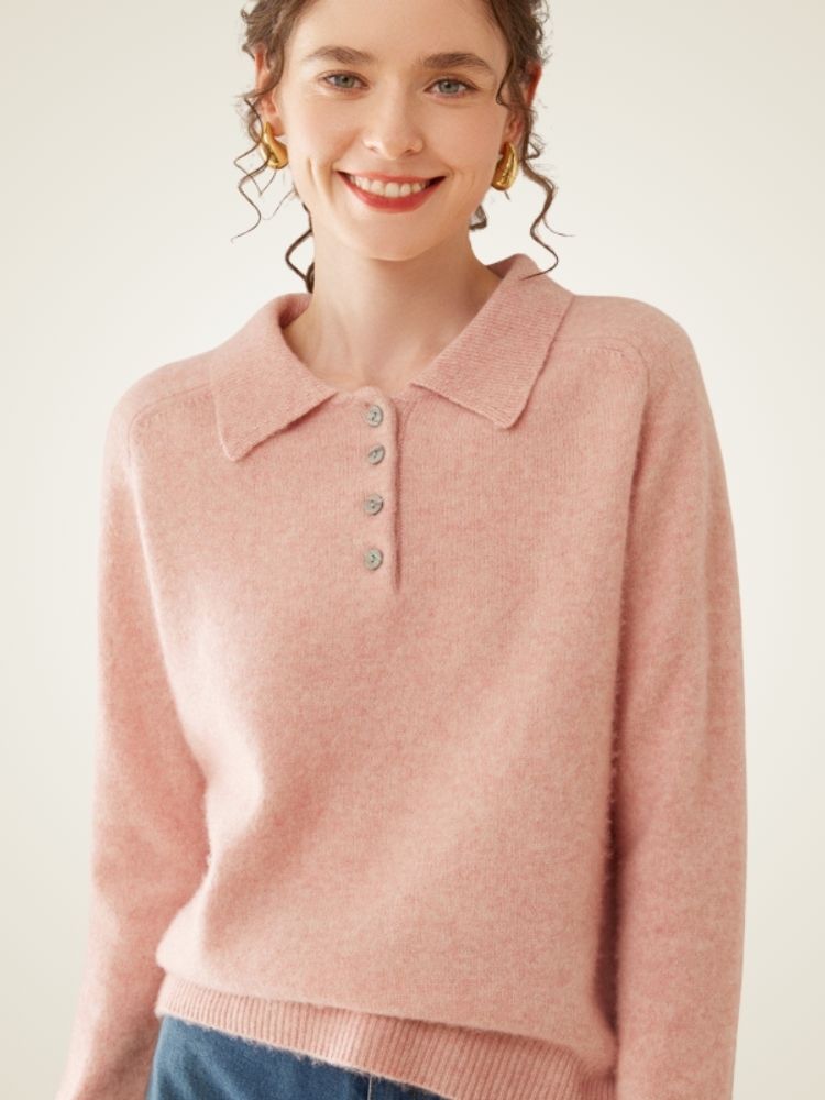 LanlyCashmere Women’s Collared Cashmere Sweater – Button Knit Pullover