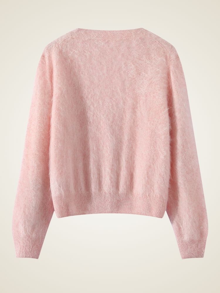 LanlyCashmere Women’s V-Neck Brushed Cashmere Cardigan – Soft Fuzzy Button Sweater