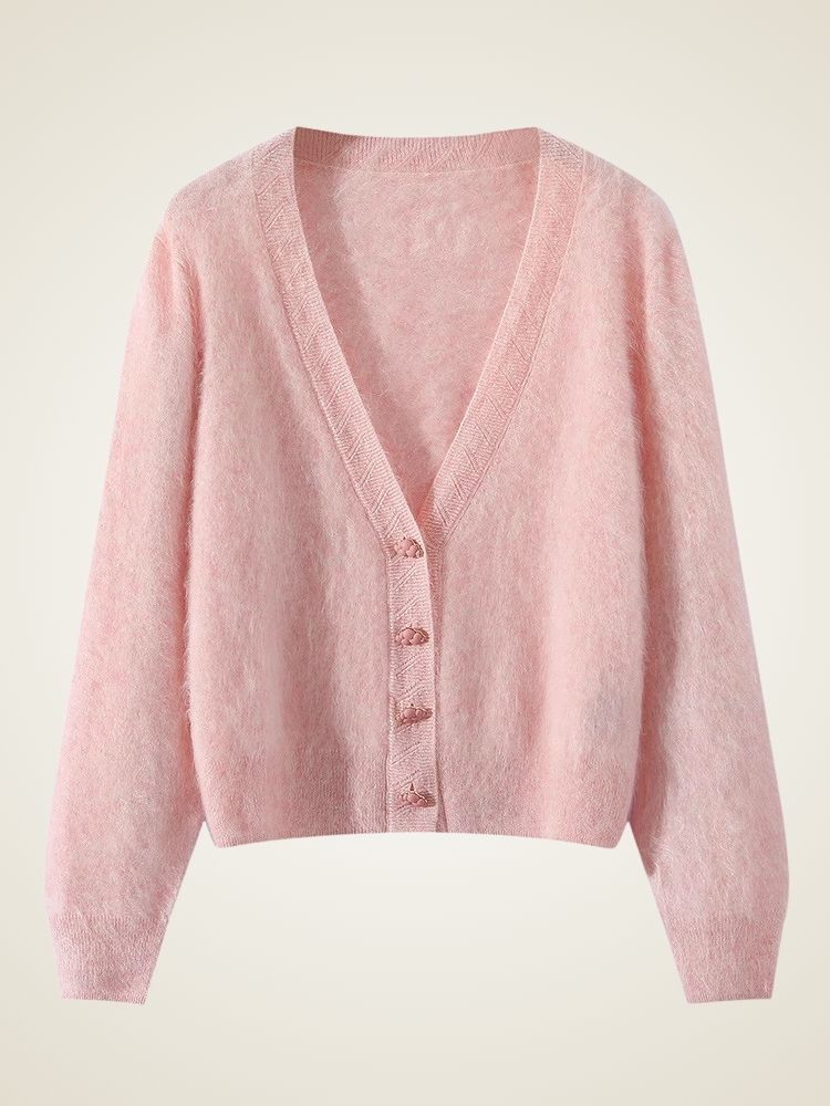 LanlyCashmere Women’s V-Neck Brushed Cashmere Cardigan – Soft Fuzzy Button Sweater
