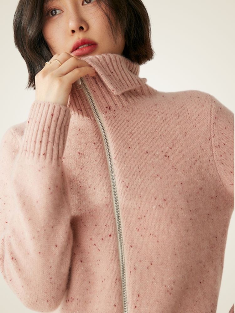 LanlyCashmere Wool Cashmere Zip Sweater – Thick Stand Collar Knit Cardigan