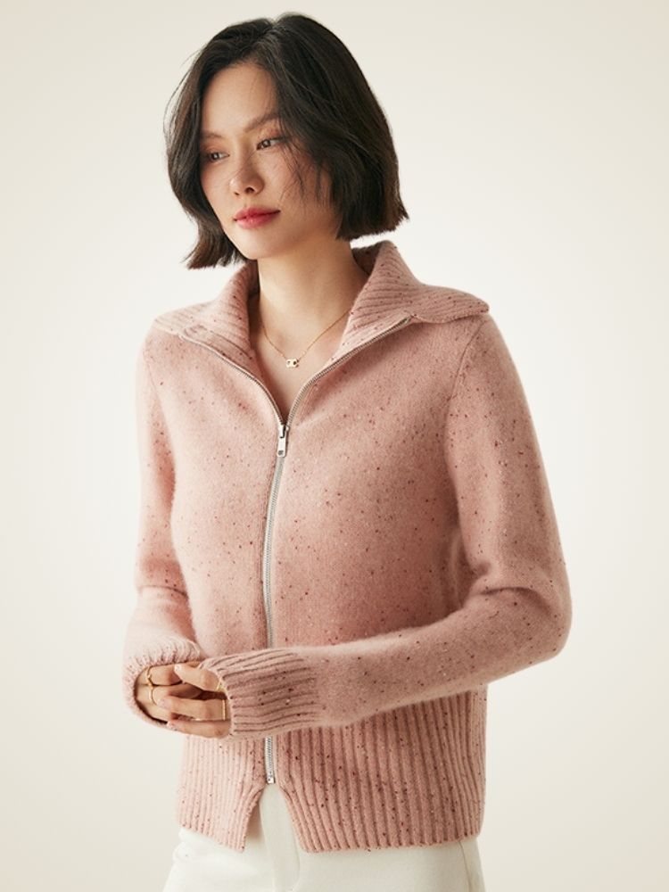 LanlyCashmere Wool Cashmere Zip Sweater – Thick Stand Collar Knit Cardigan