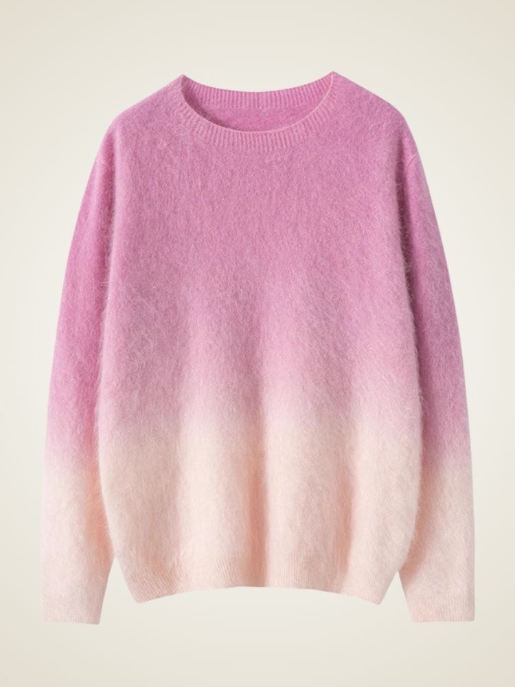 LanlyCashmere Brushed Cashmere Sweater – Ombre Crewneck Fuzzy Knit Pullover