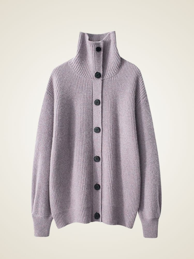 LanlyCashmere Women’s Cashmere Funnel Neck Cardigan – Ribbed Button Sweater