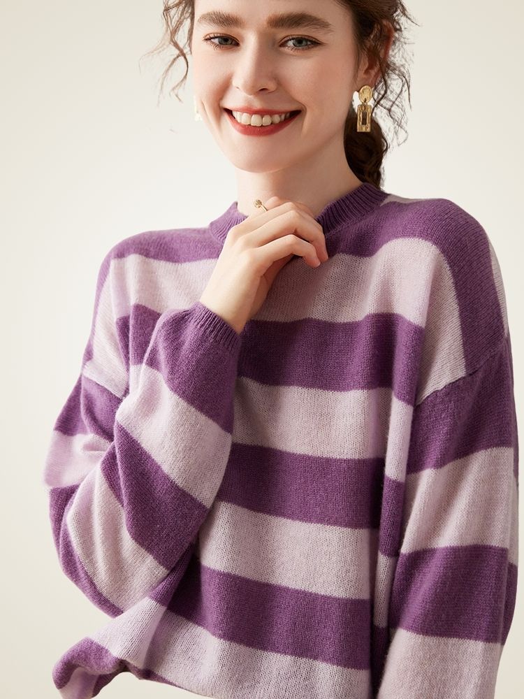 LanlyCashmere Women’s Striped Cashmere Sweater – Relaxed Fit Breton Knit Pullover