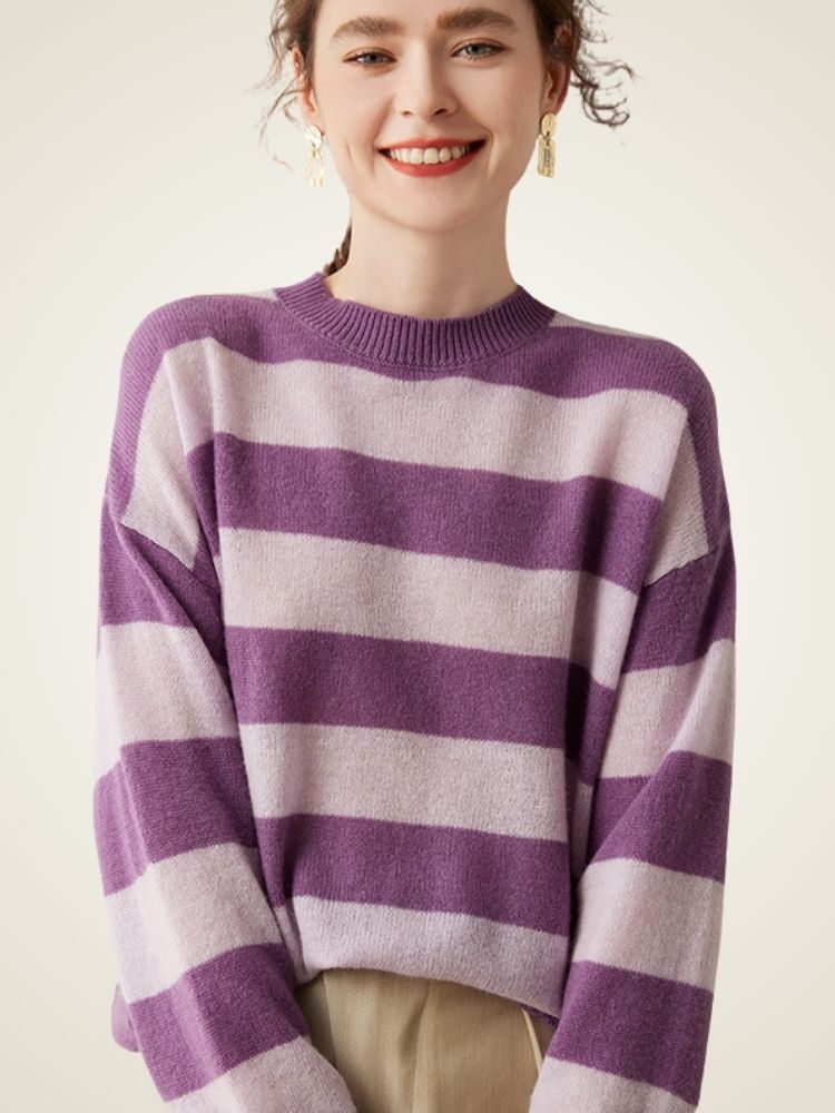LanlyCashmere Women’s Striped Cashmere Sweater – Relaxed Fit Breton Knit Pullover