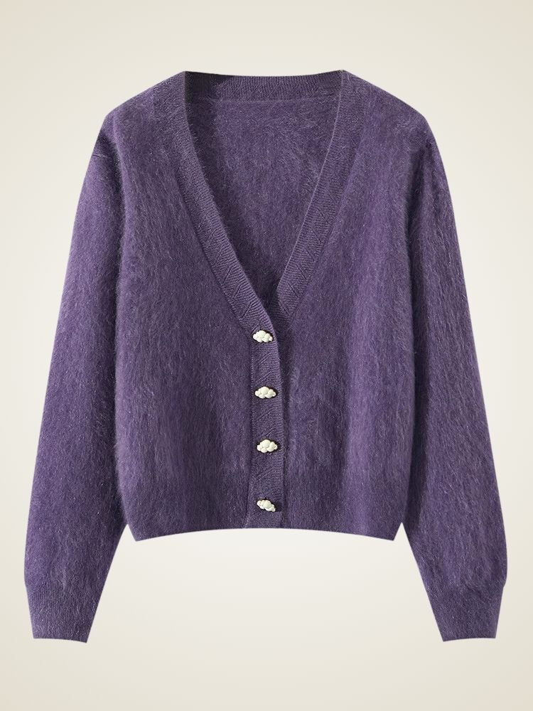 LanlyCashmere Women’s V-Neck Brushed Cashmere Cardigan – Soft Fuzzy Button Sweater