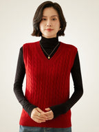 LanlyCashmere Women's Cable Knit Cashmere Vest V Neck