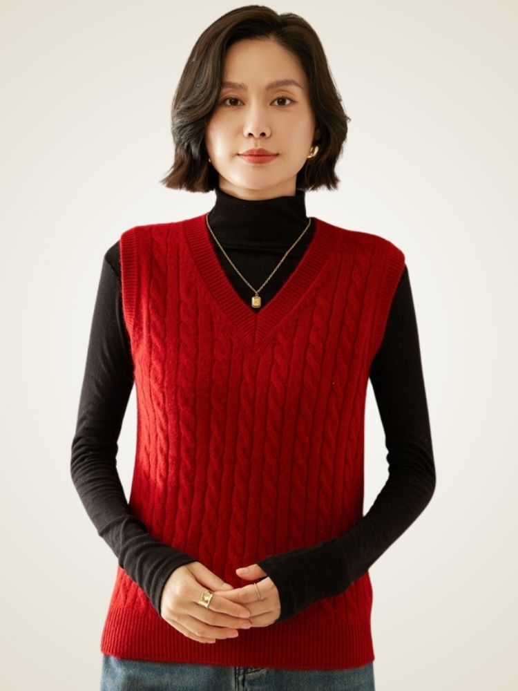 LanlyCashmere Women's Cable Knit Cashmere Vest V Neck