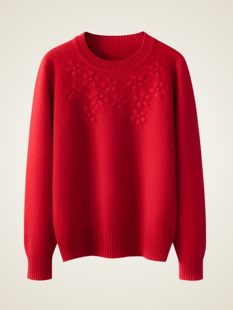 LanlyCashmere Women’s Hand Embroidered Floral Cashmere Sweater – Crew Neck Knit Pullover
