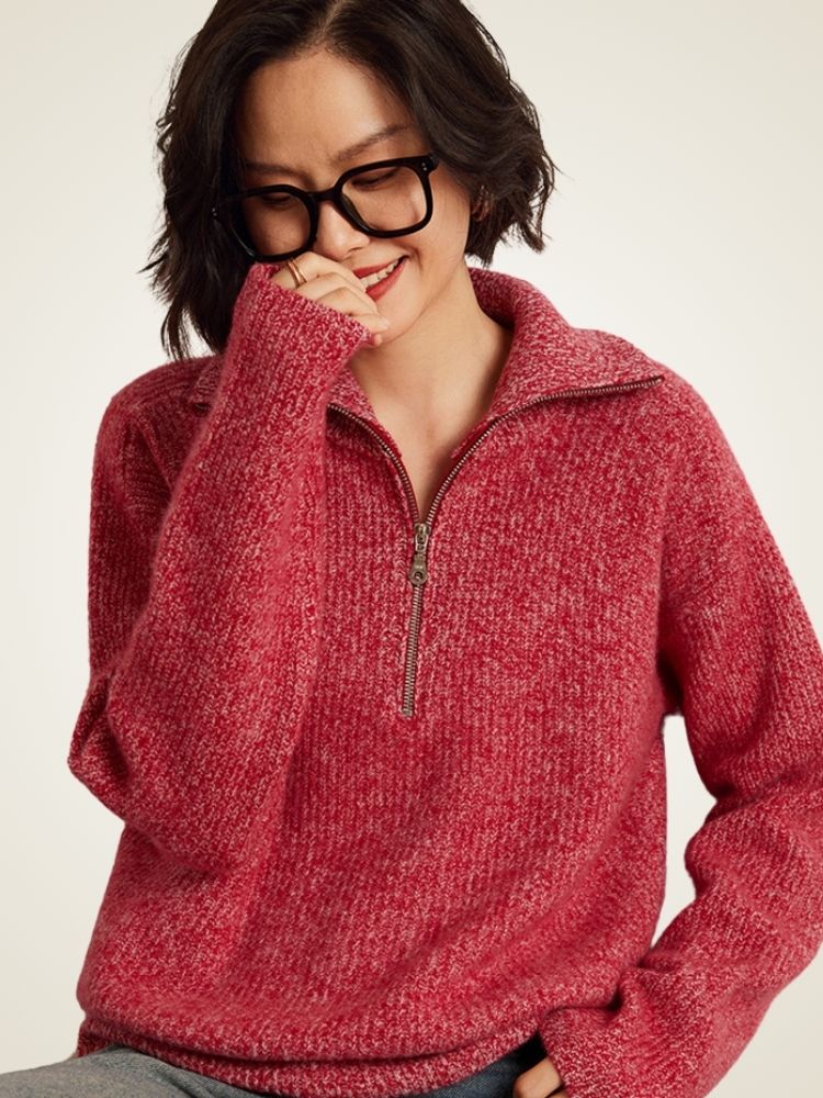 LanlyCashmere Women's Ribbed Half Zip Cashmere Sweater