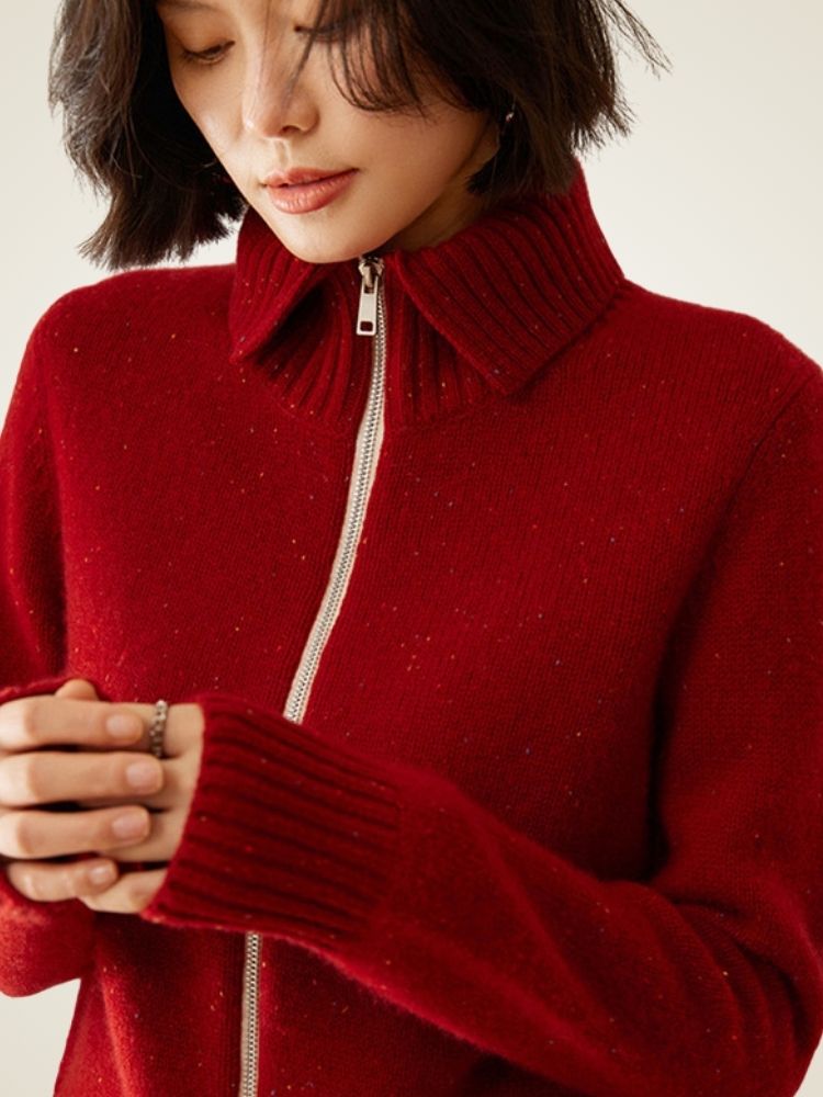LanlyCashmere Wool Cashmere Zip Sweater – Thick Stand Collar Knit Cardigan