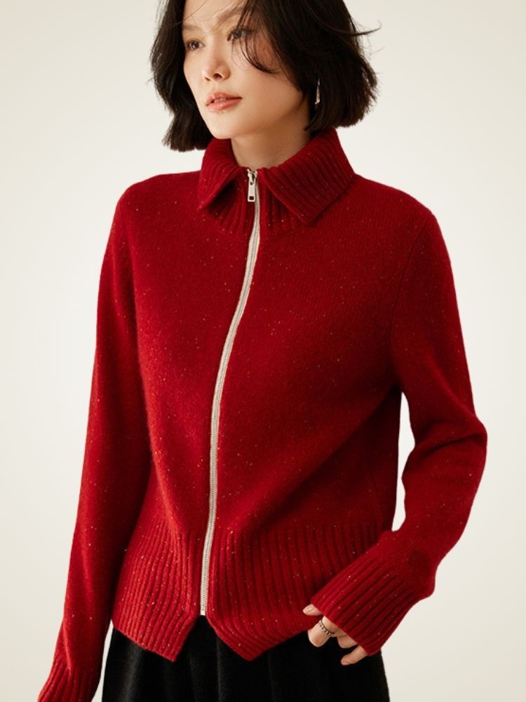 LanlyCashmere Wool Cashmere Zip Sweater – Thick Stand Collar Knit Cardigan