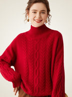 Lanlycashmere Cable Knit Cashmere Turtleneck Sweater – Textured Winter Pullover